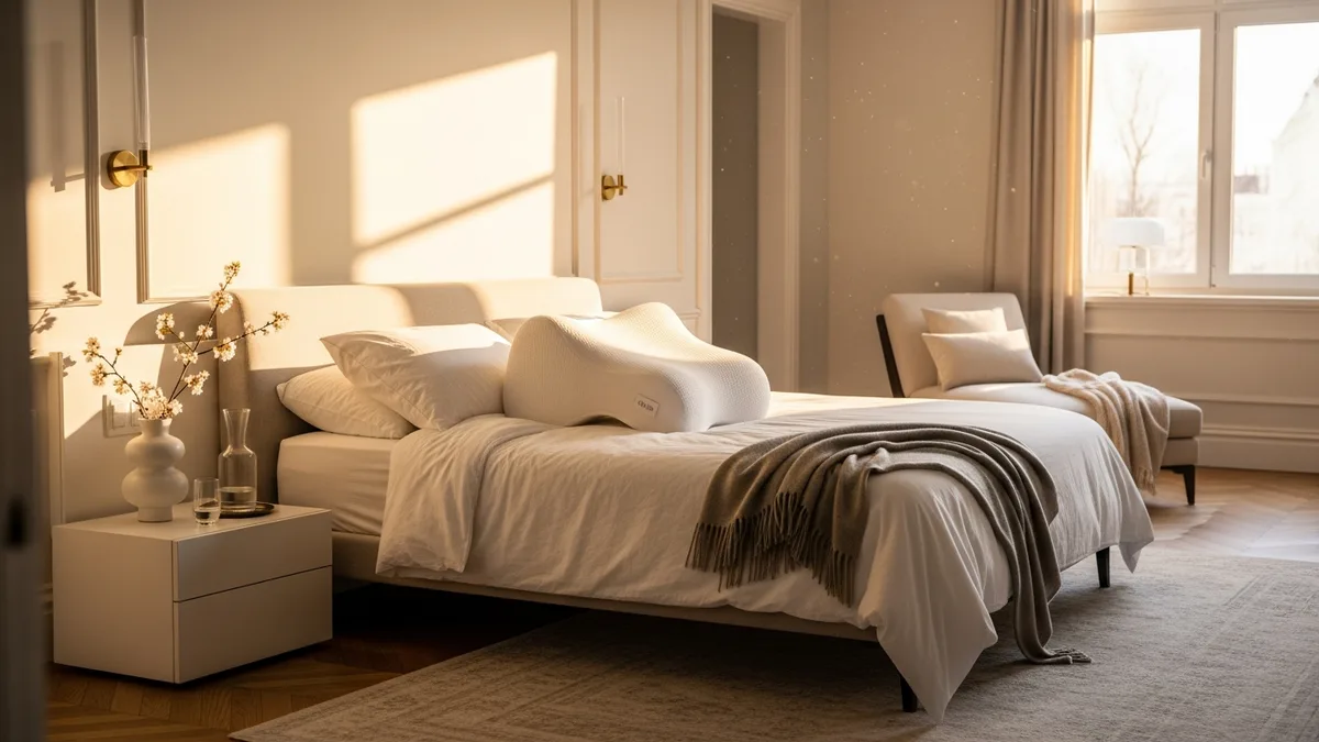 Oreiller cervical ergonomique posé sur un lit avec draps blancs